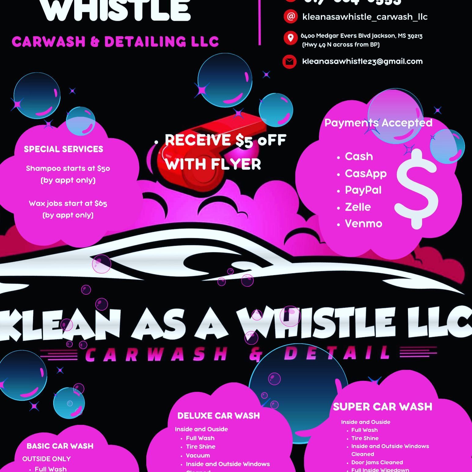 Klean as a Whistle Carwash and Detail, 6400 Medgar Evers Blvd, Jackson, 39213
