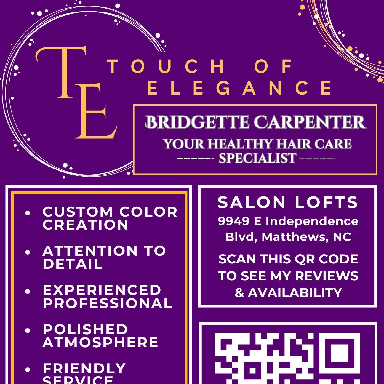 Touch Of Elegance, 9949 E Independence Blvd, Salon Loft #3 Code 403050#, Matthews, 28105