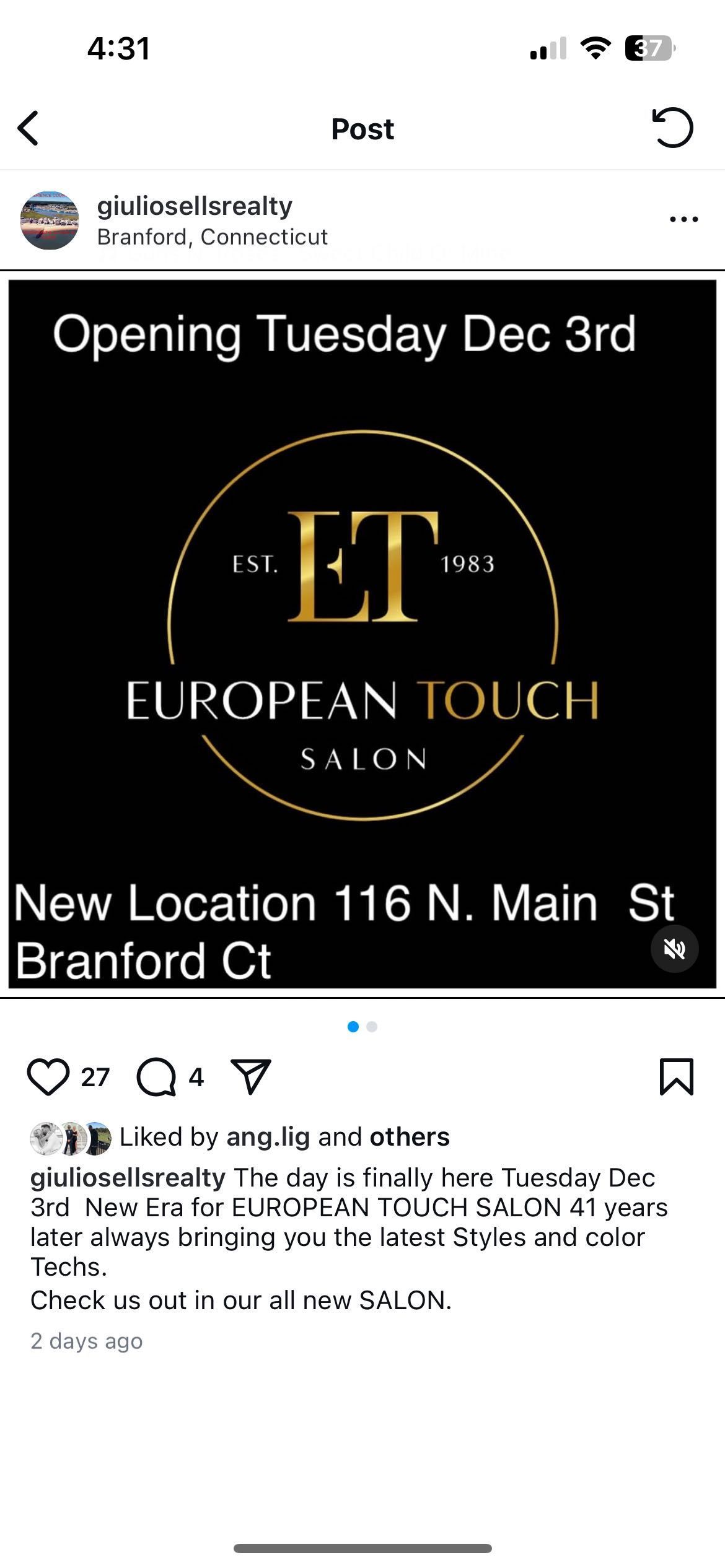 European Touch Salon, 116 north Main Street, Branford, 06405